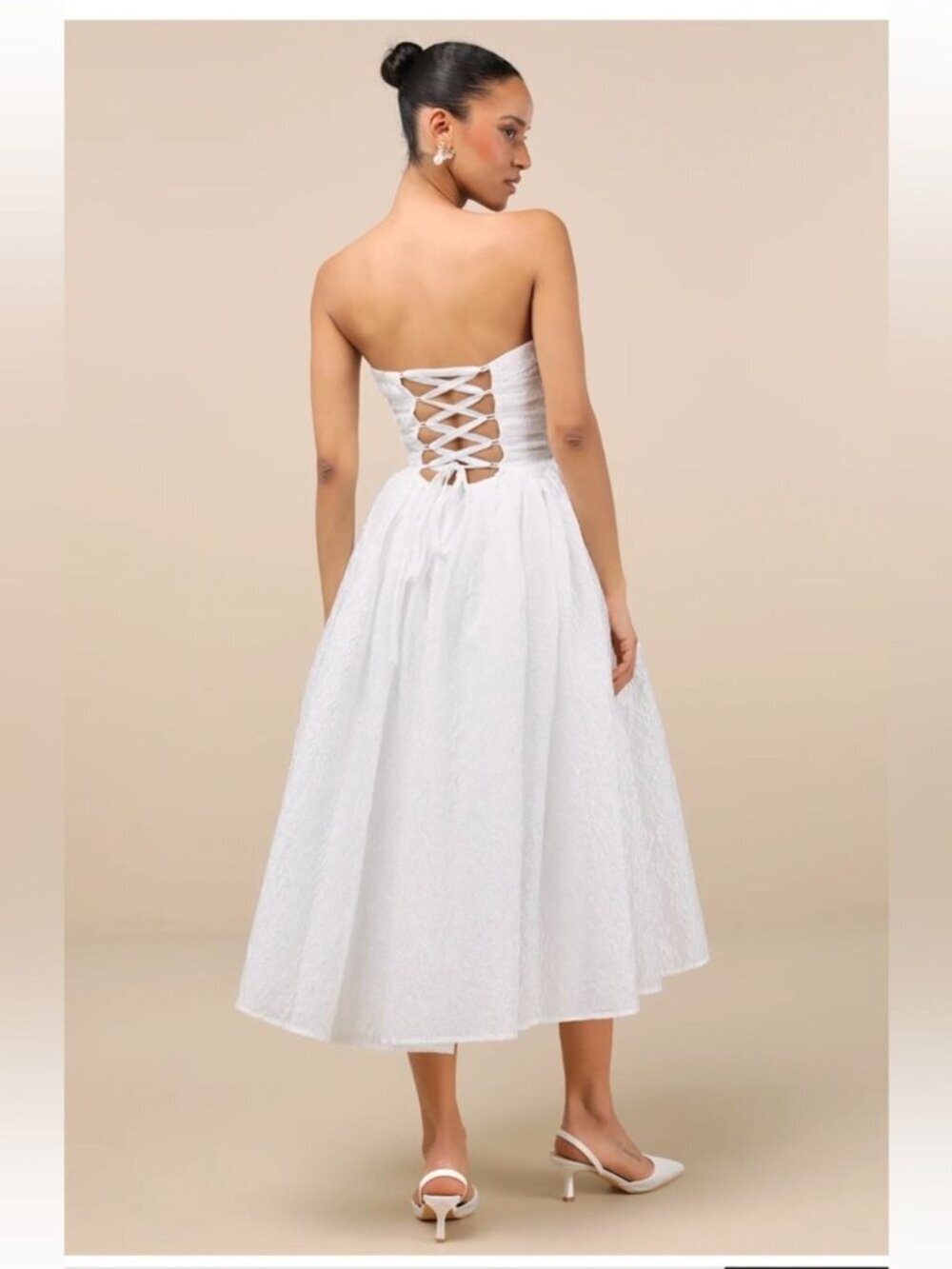 Lulus Analeia Ivory Jacquard Lace-Up Strapless Midi Dress Wedding Princess Small